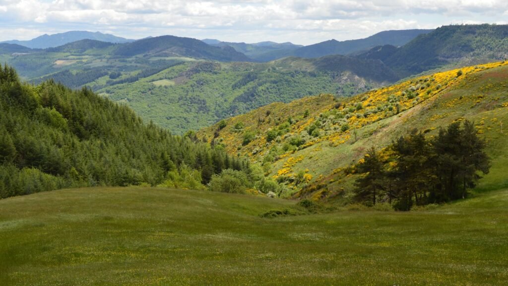 Rolling hills and a lush valley fill the landscape.